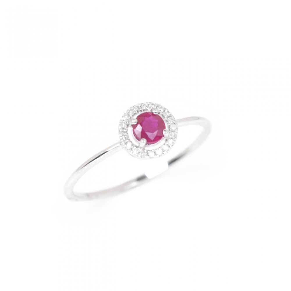 White Gold Ruby and Diamond Birthstone Halo Ring