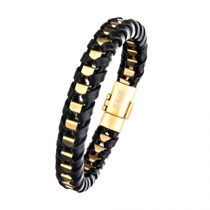 Black Leather and Yellow Stainless Steel Bracelet