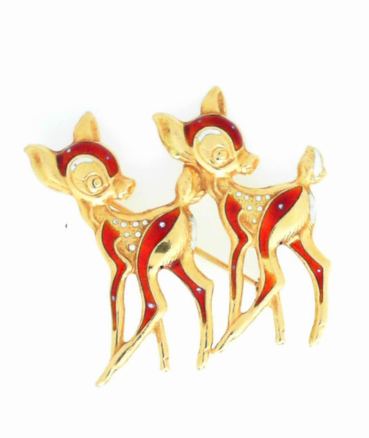 Vintage Yellow Gold Enamelled Twin "Bambi" Deer Pin