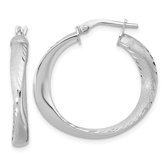 White Sterling Silver Diamond Cut Medium Hoop Earrings