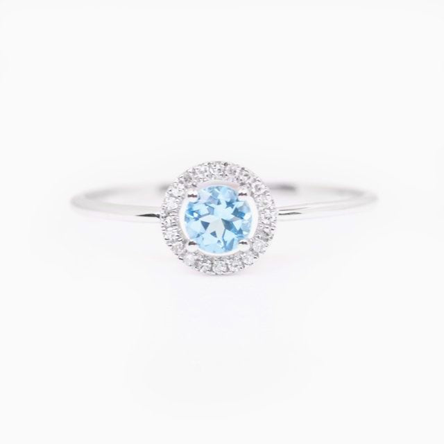 White Gold Aquamarine and Diamond Birthstone Halo Necklace