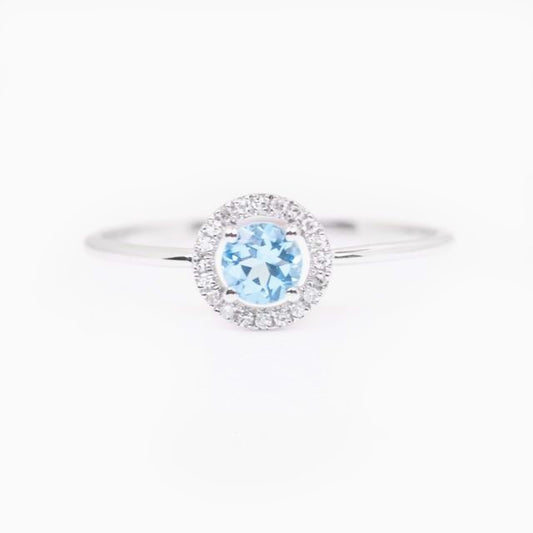 White Gold Aquamarine and Diamond Birthstone Halo Necklace