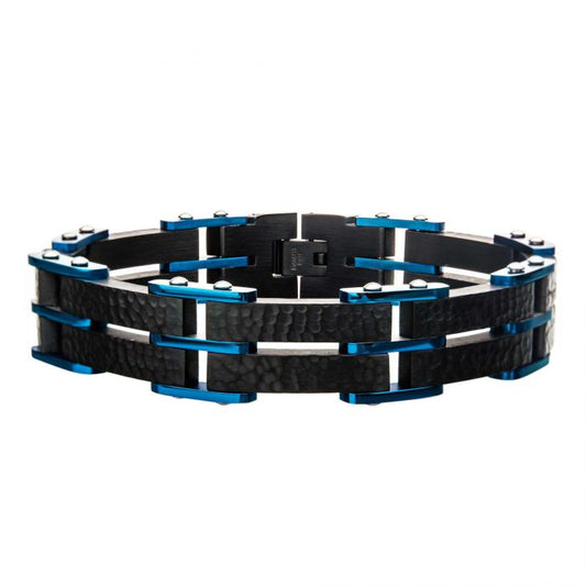 Black and Blue Stainless Steel Hammered Link Bracelet