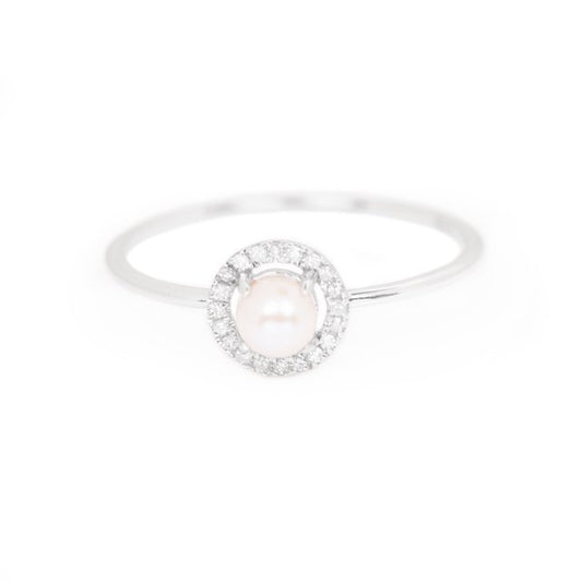 White Gold Pearl and Diamond Birthstone Halo Ring