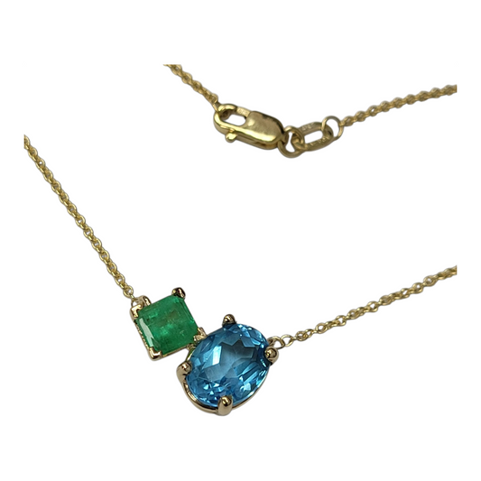 Blue Topaz and Princess Emerald Two Stone Necklace