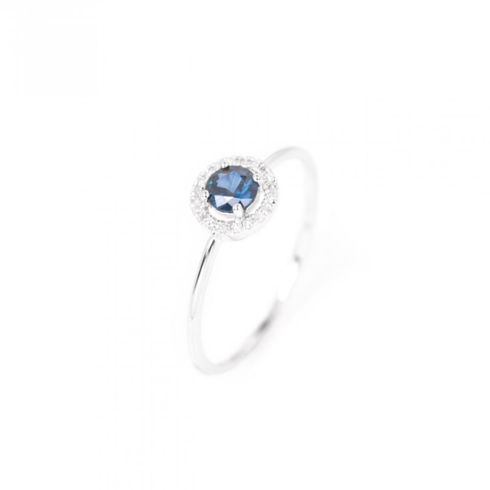 White Gold Sapphire and Diamond Birthstone Halo Ring