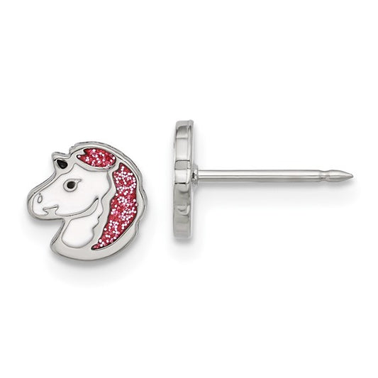 White Sterling Silver Enamelled Unicorn Earrings