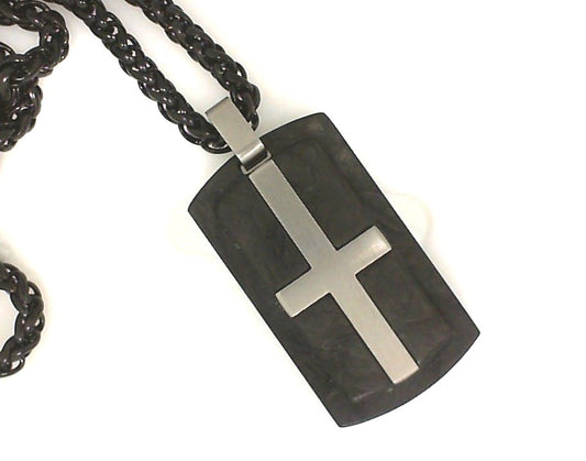 Black and White Stainless Steel Cross Dog Tag on Spiga Chain