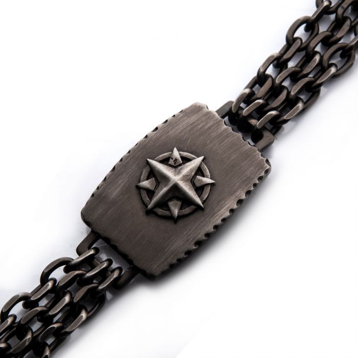 Gun Metal Plated Compass Double Chain Link Bracelet with Lobster Clasp