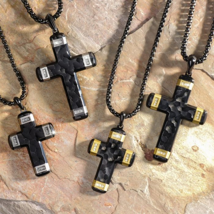 Small Black and White Stainless Steel Cross Necklace with Lab Grown Diamond Accents