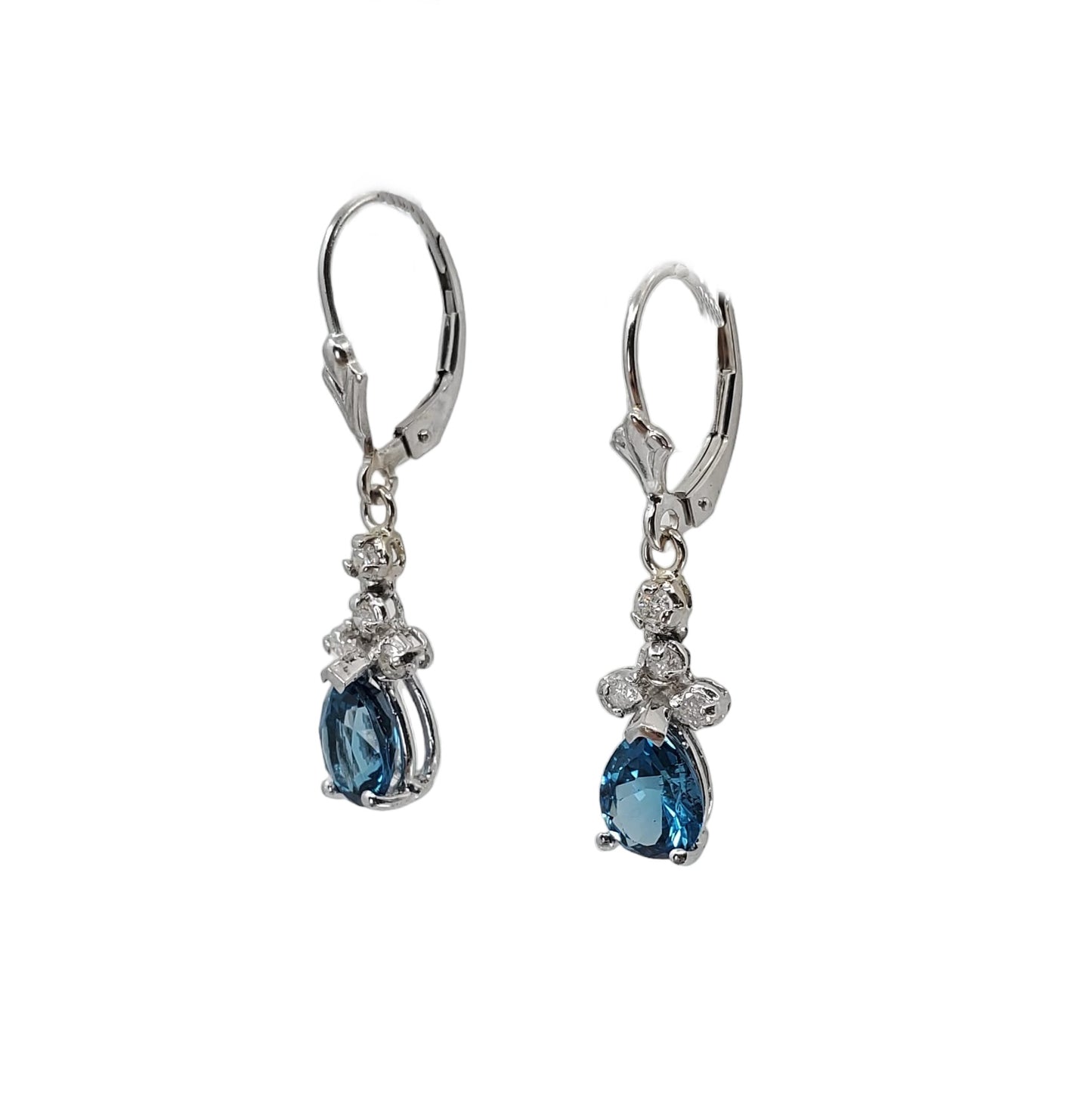 White Gold Pear Blue Topaz and Diamond Lever Back Earrings
