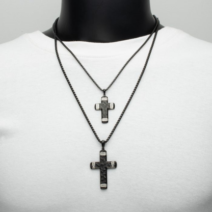 Black and White Stainles Steel Cross Pendant with Lab Grown Diamond Accents