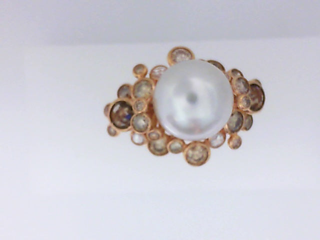 Vintage Lds Damiani Excellent Quality Pearl, Round Diamond, and Smoky Quartz Ring