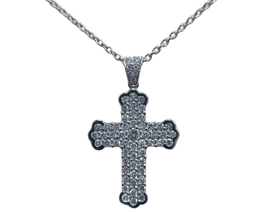 White Gold Diamond Cross Pendant on a Round Cable Chain