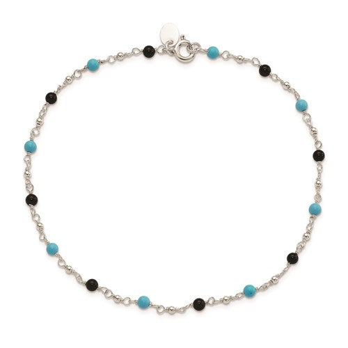 White Sterling SIlver Onyx and Turquoise Beaded Anklet