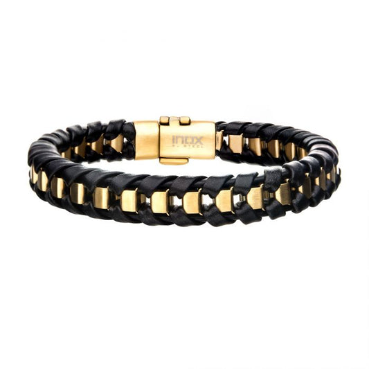 Black Leather and Yellow Stainless Steel Bracelet