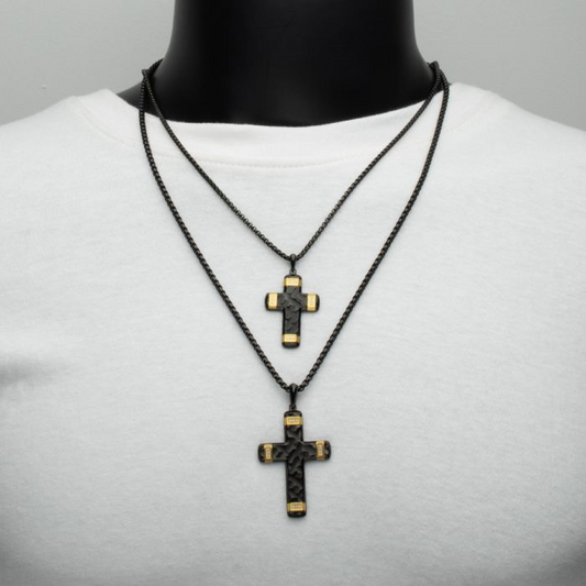 Black and Gold Stainless Steel Cross Necklace with Lab Grown Diamond Accents