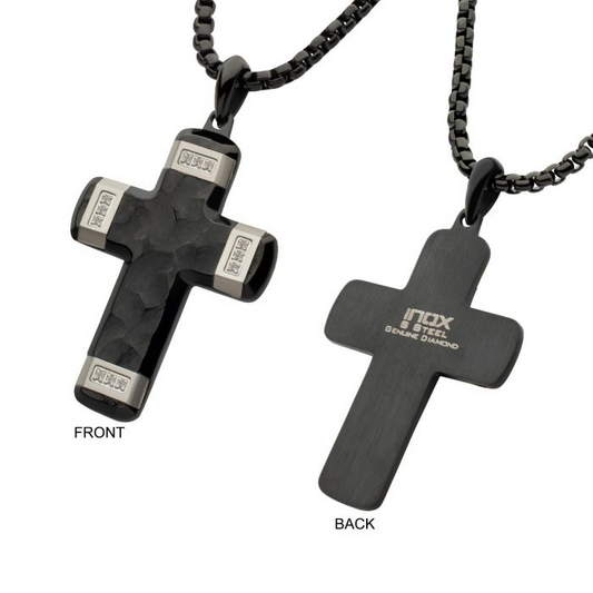 Small Black and White Stainless Steel Cross Necklace with Lab Grown Diamond Accents