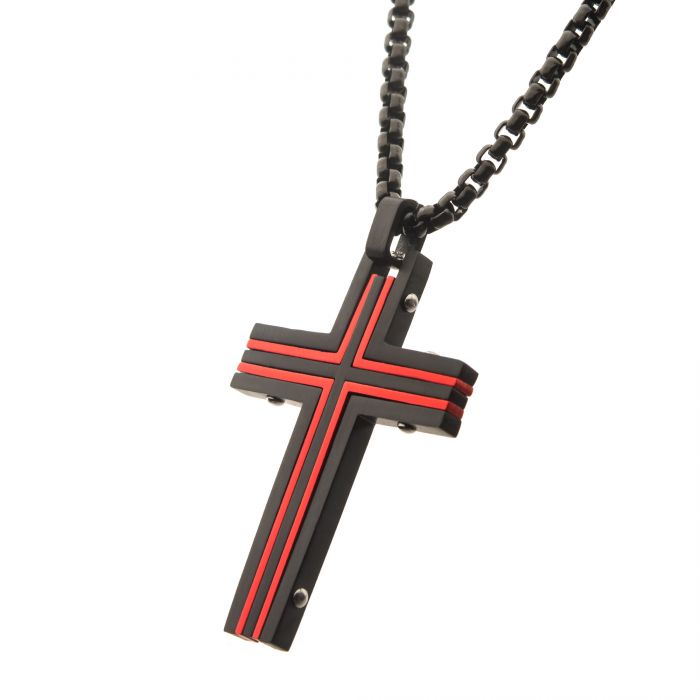 Stainless Steel Black and Red IP Dante Cross Pendant