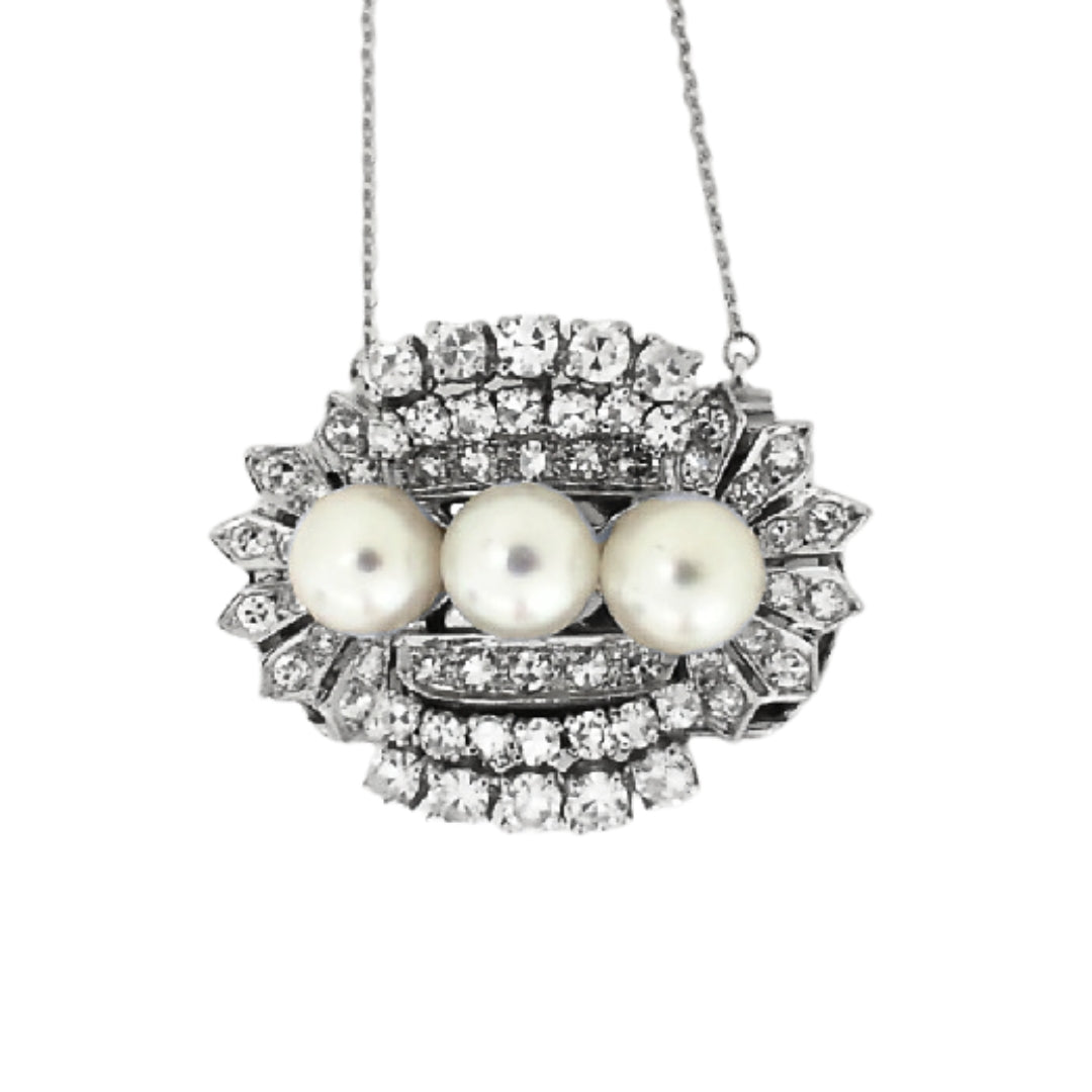 Vintage White Gold Round Diamond and Akoya Pearl Necklace