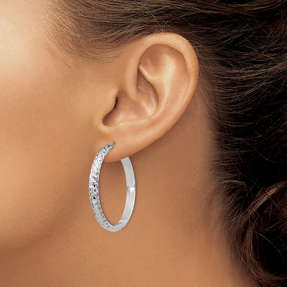 White Sterling Silver Medium Diamond Cut Hoop Earrings