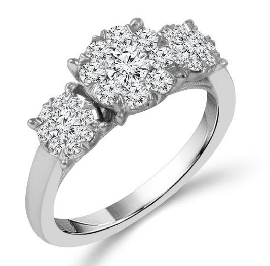 White Gold 3 Stone Cluster Diamond Ring