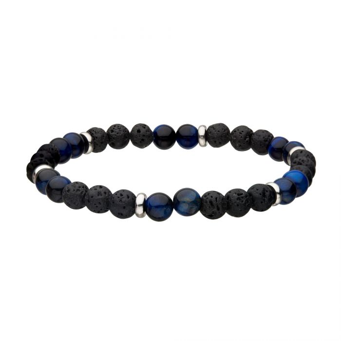 Stainless Steel Lava and Tiger Eye Blue Beaded Bracelet