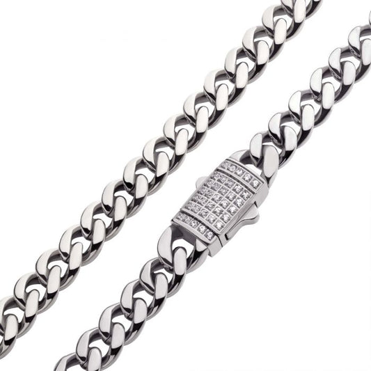 24 Inch Stainless Steel Uban Link Necklace with Pave Cz Clasp