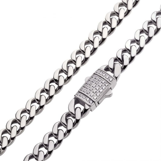 22 Inch Stainless Steel Uban Link Necklace wioth Pave Cz Necklace