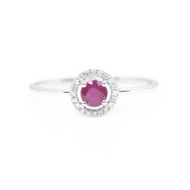 White Gold Ruby and Diamond Birthstone Halo Ring