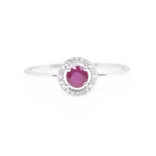 White Gold Ruby and Diamond Birthstone Halo Ring