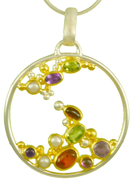 Two Tone Sterling Silver and Gold Gemstone Cascade Necklace