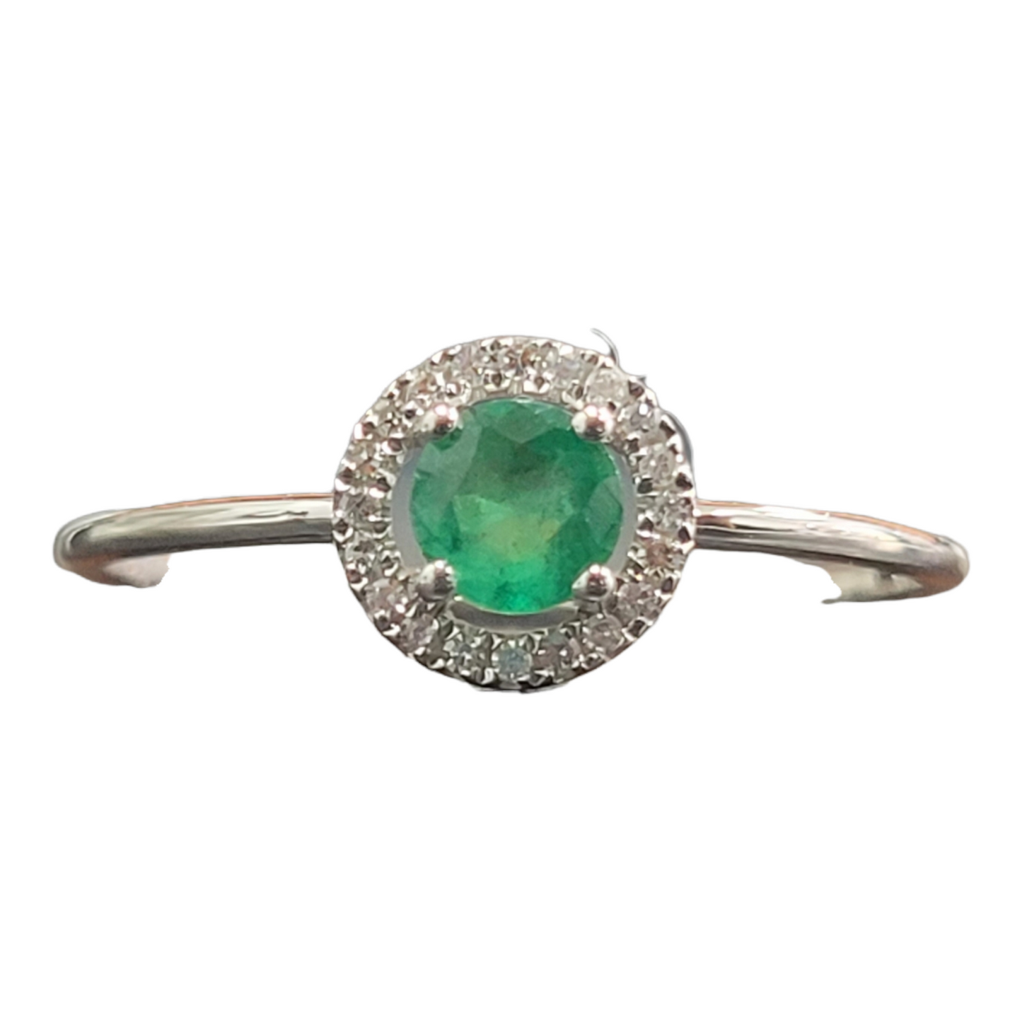 White Gold Emerald and Diamond Birthstone Halo RIng