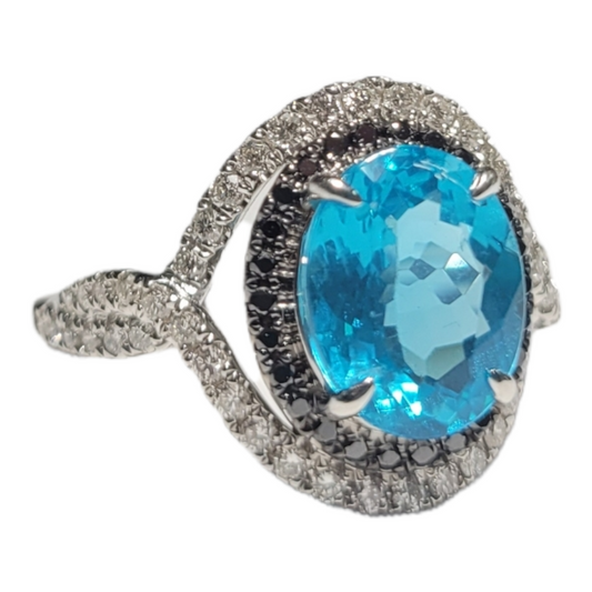 White Gold Oval Apatite Black Diamond Halo Ring