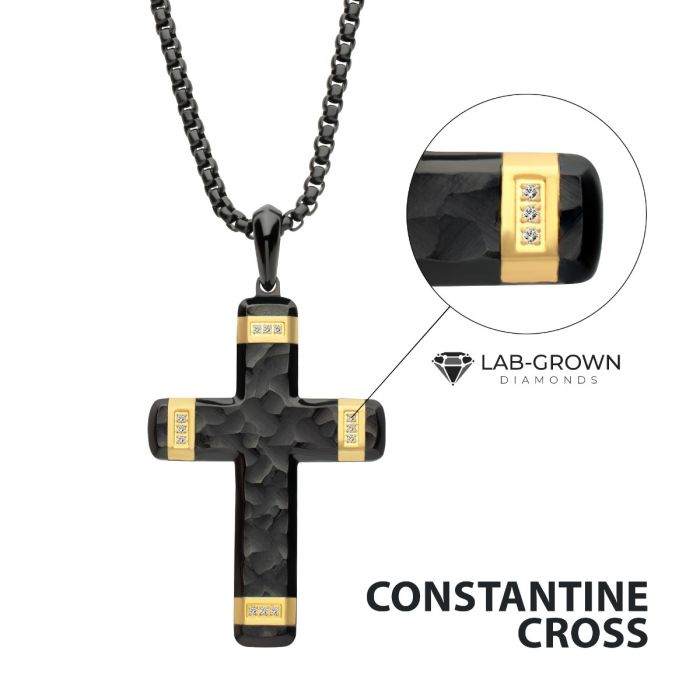 Black and Gold Stainless Steel Cross Necklace with Lab Grown Diamond Accents