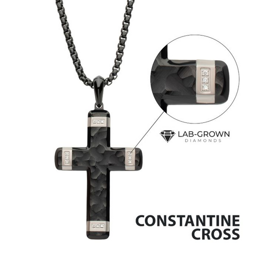 Black and White Stainles Steel Cross Pendant with Lab Grown Diamond Accents