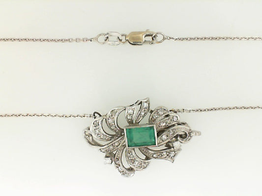 Vintage White Gold Emerald and Diamond Station Necklace