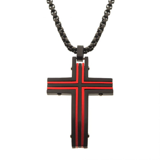 Stainless Steel Black and Red IP Dante Cross Pendant