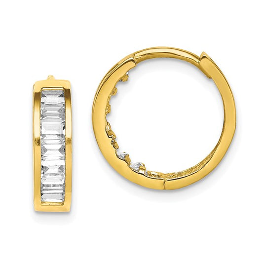 Yellow Gold Baggette Cz Huggie Earrings