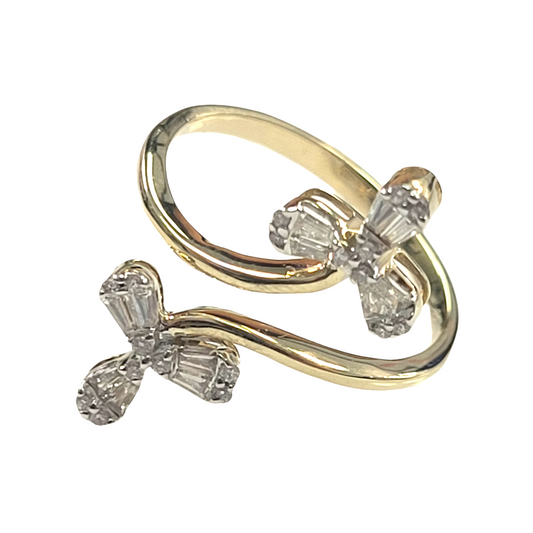 Yellow Gold Bypass Ring with Baguette and Round Diamonds