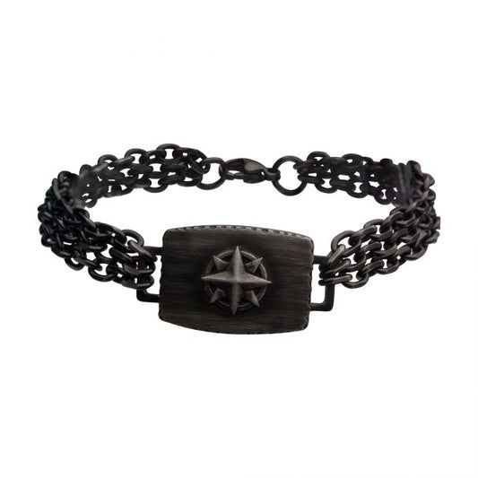 Gun Metal Plated Compass Double Chain Link Bracelet with Lobster Clasp