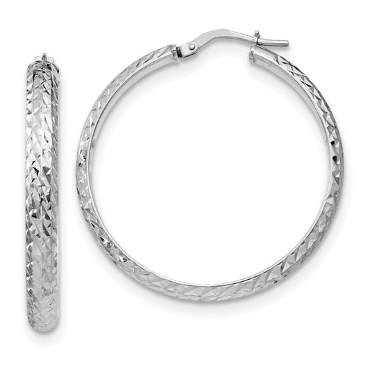 White Sterling Silver Medium Diamond Cut Hoop Earrings
