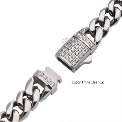 6MM White Stainless Steel Cuban Link Bracelet with Pave Cz Clasp