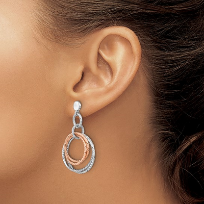 Two Tone Sterling Silver Diamond Cut Circle Drop Earrings