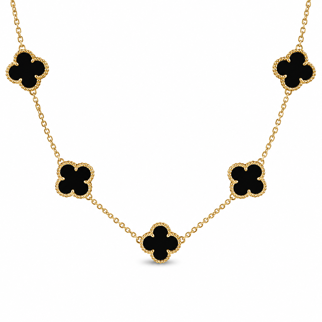 Yellow Gold Fantasy Cut Onyx Clover Necklace