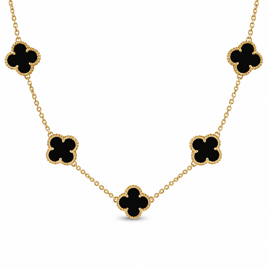 Yellow Gold Fantasy Cut Onyx Clover Necklace