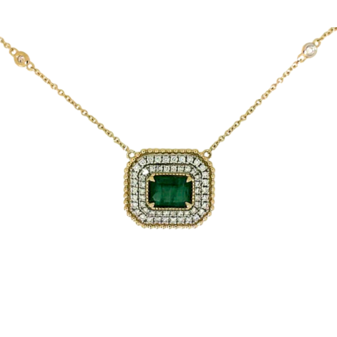 Two Tone Emerald and Diamond Double Halo Pendant