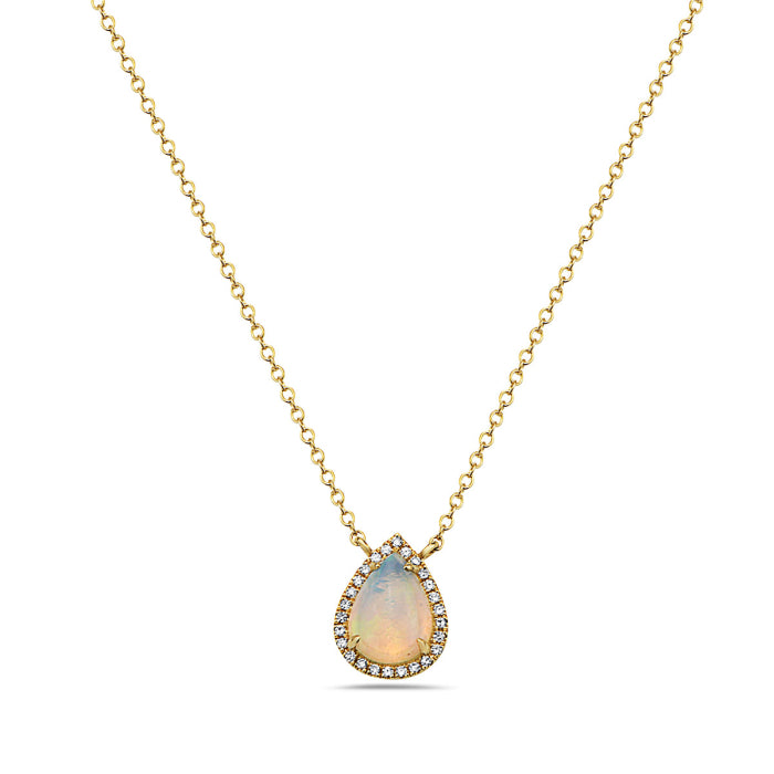 Yellow Gold Pear Opal and Diamond Halo Necklace