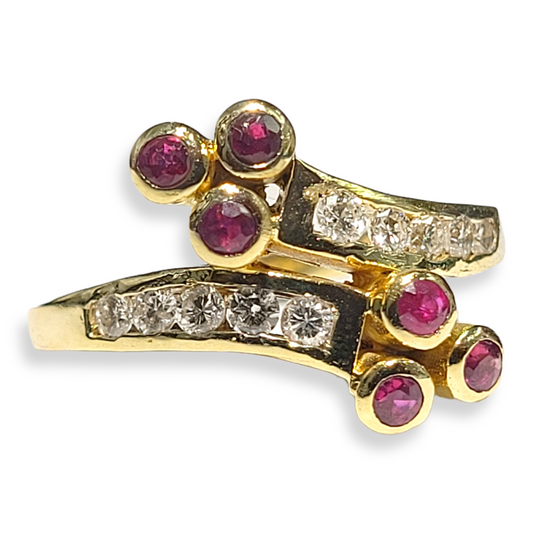 Vintage Yellow Gold Ruby and Diamond Bypass Ring