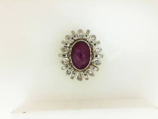 Two Tone Ruby Cabochon Diamond Halo Pendant